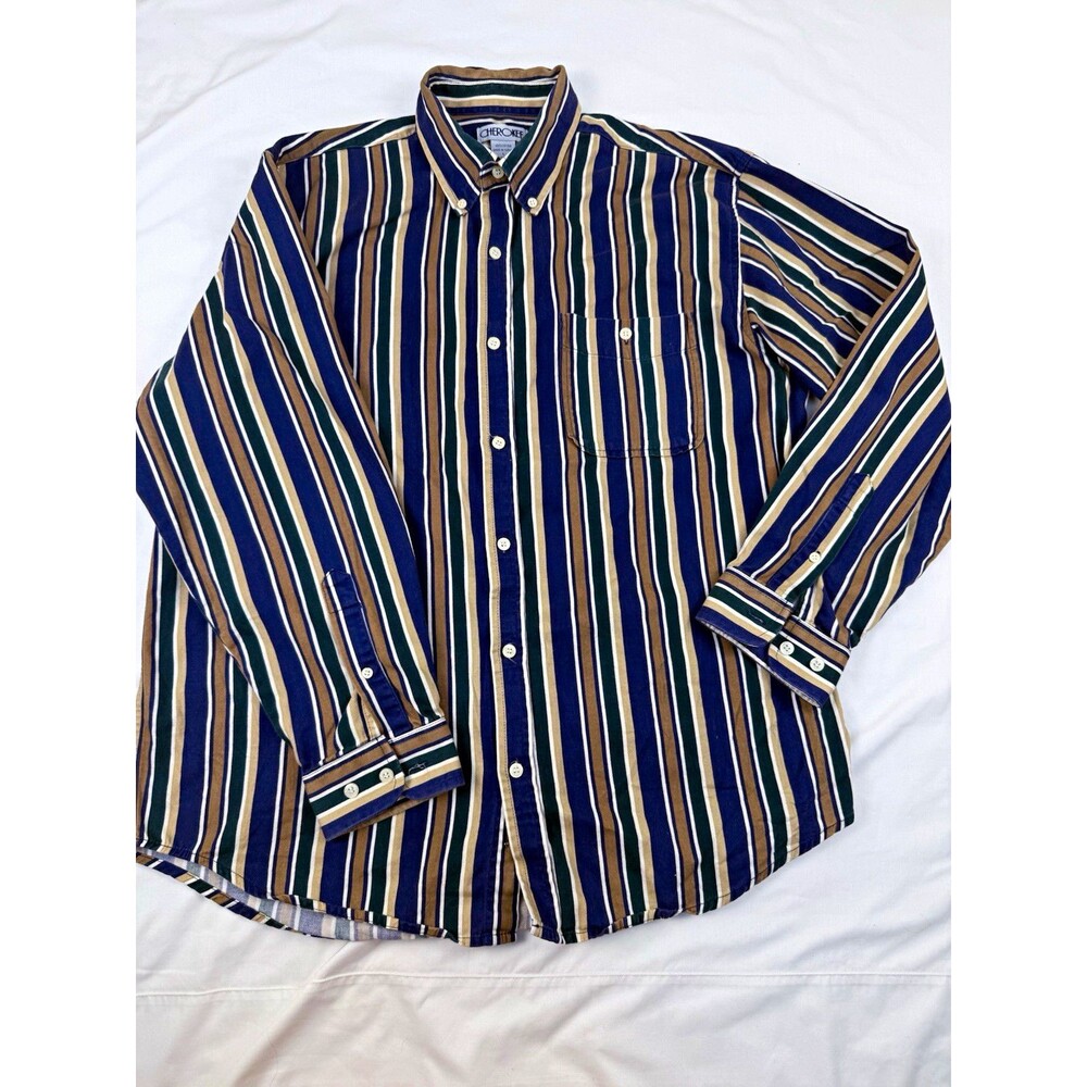 Cherokee Men's Vintage Button-Down Long Sleeve Striped Cotton Shirt Pockets